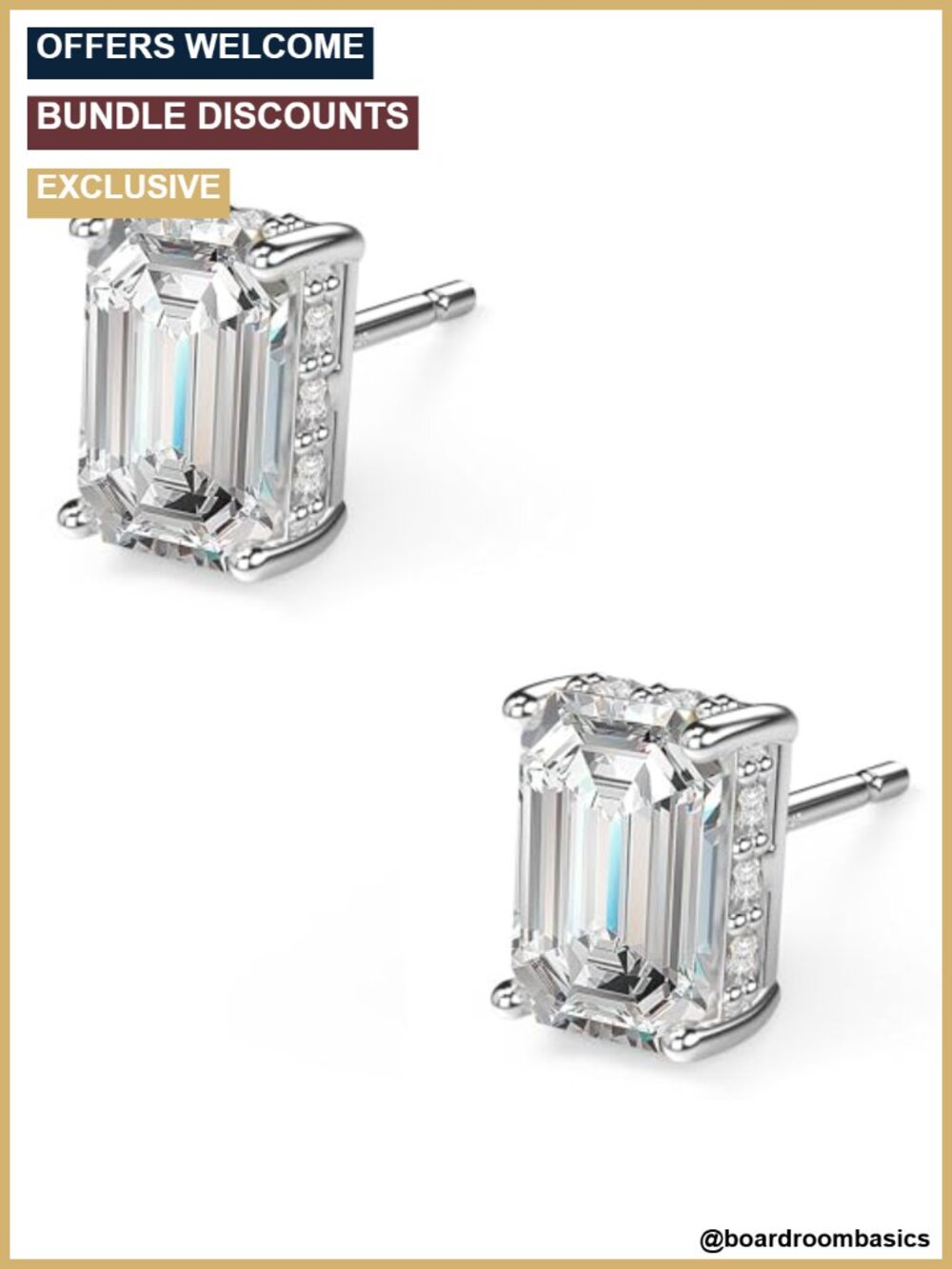 Emerald Cut Cubic Zirconia Stud Earrings 925 Sterling Silver Rhodium Plated